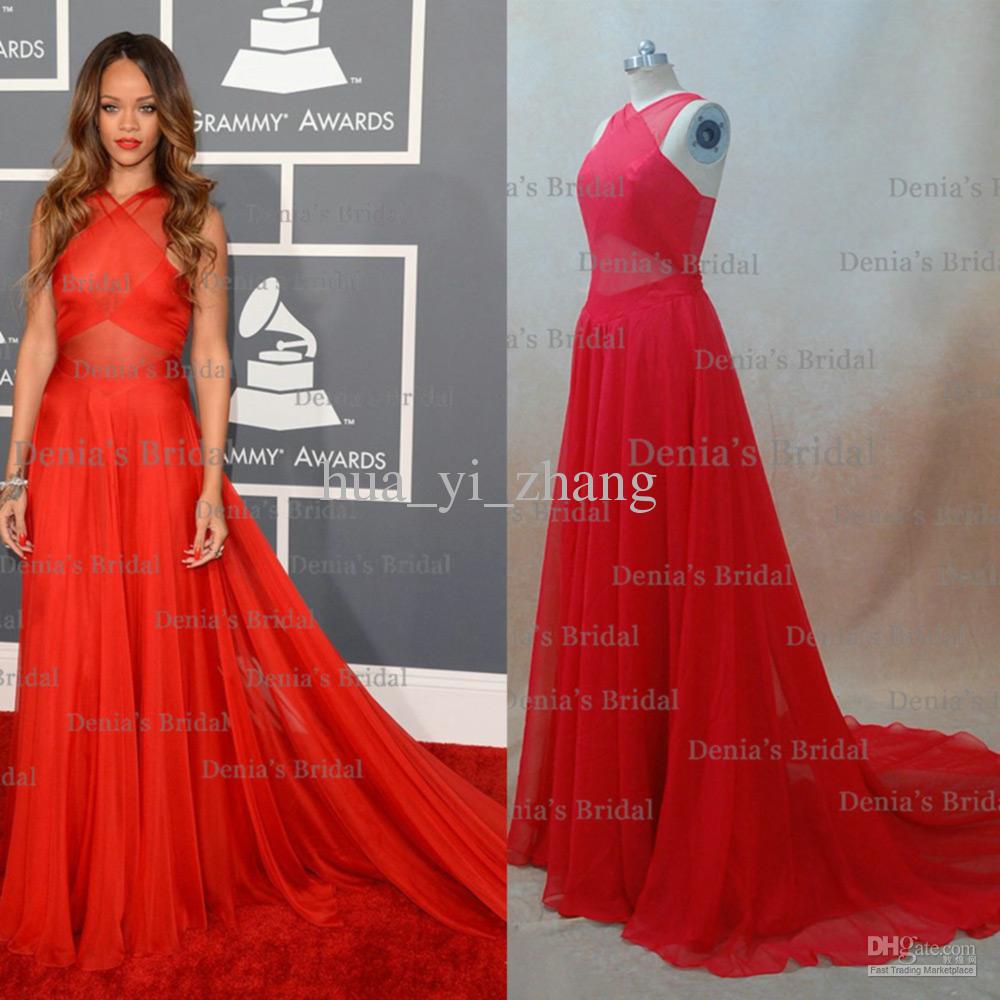 Cheap Red Sheer Evening Dresses Inspired by Rihanna Dress 55th Grammy Awards Red Carpet Celebrity Dresses Crisscross Back Real Image DHYZ