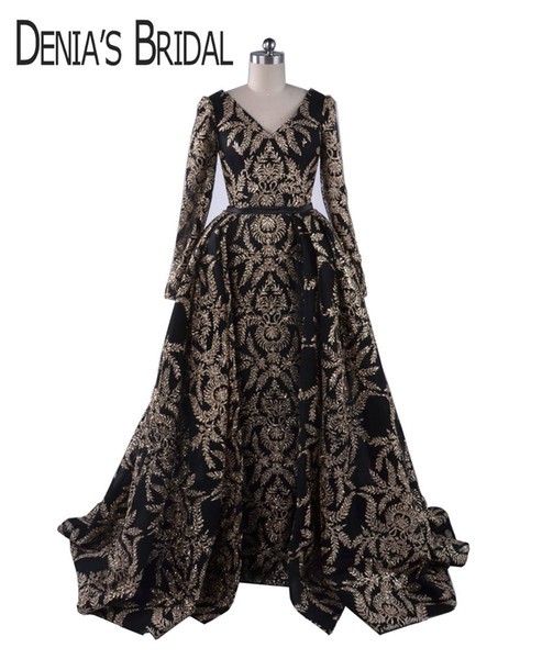 Black Glitter Celebrity Dresses Sheath V Neck Long Sleeved Split Gowns with Detachable Puffy Ball Gown Overskirt Evening Formal Gowns