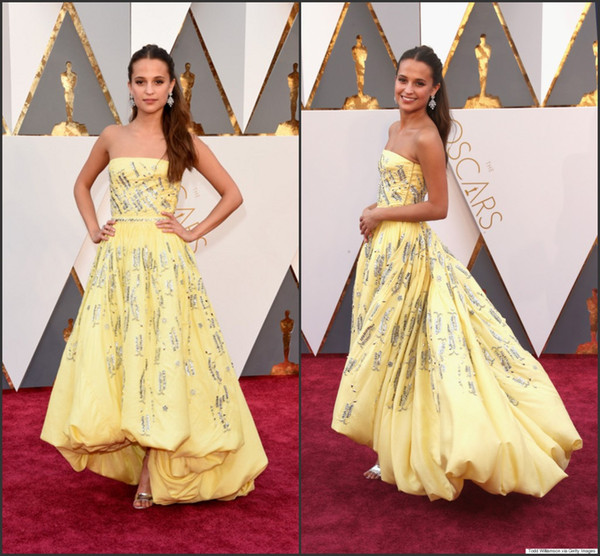 2016 88th Oscar Celebrity Dresses Alicia Vikander Yellow Strapless High Low Taffeta with Beads Sequins A Line Red Carpet Gowns