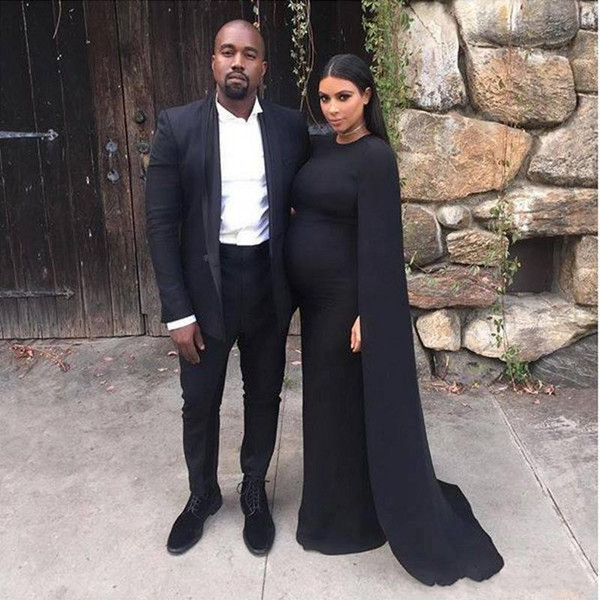 Kim Kardashian Black Celebrity Dresses Jewel Neck Satin Red Carpet Evening Dress With Cape Sheath Sweep Train Gothic 2016