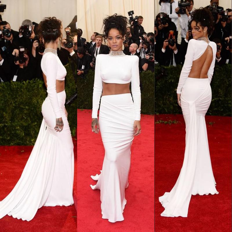 Hot Sale ! Two Pieces Long Sleeve Mermaid Backless Celebrity Dresses Beaded Crystal Met Gala Rihanna High Neck Evening Gowns 2014