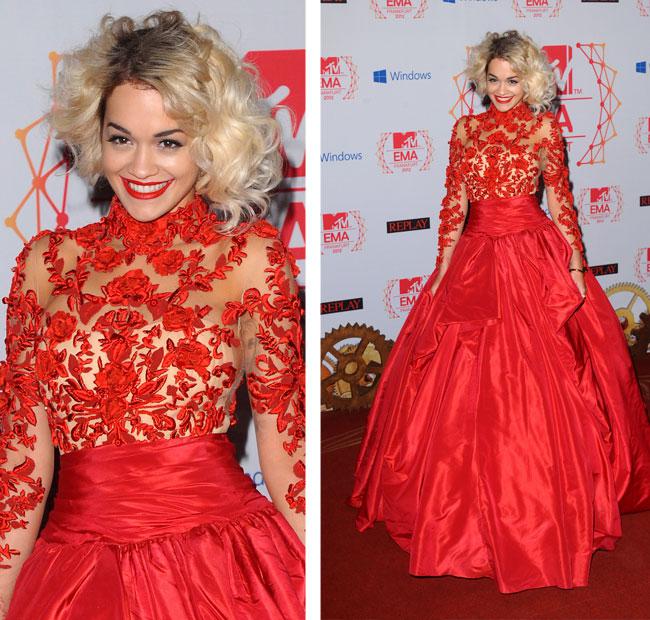 Rita Ora Long Sleeves High Collar Taffeta Celebrity Dresses Red Ball Gown Evening Dresses Sheer Tulle Applique Red Carpet Gowns
