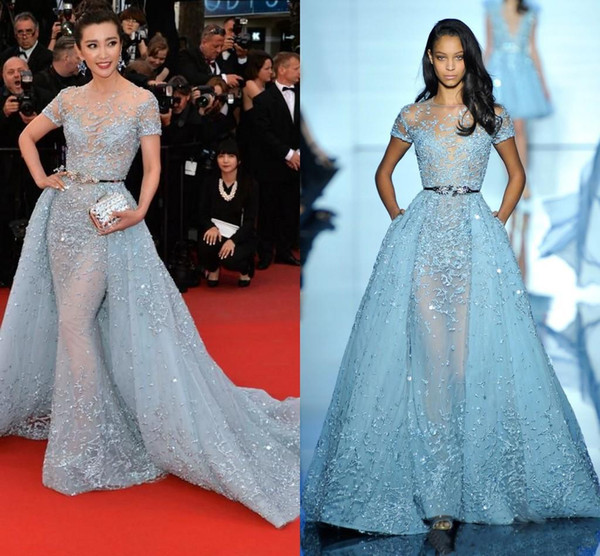 2016 Sexy Li Bingbing in Zuhair Murad Red Carpet Dresses Sheer Neck Jewel Applique Beads Lace Poet Short Sleeve Evening Celebrity Gowns