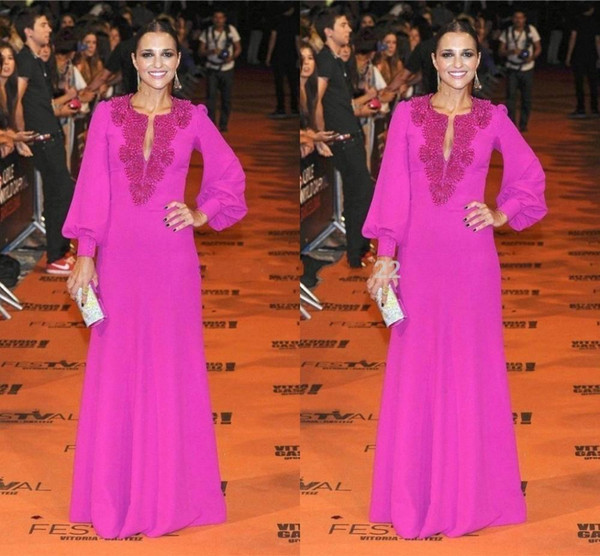 Charming Long Sleeves Arabic Muslim Celebrity Dresses Jewel Neck Chiffon with Beads Dubai Kaftan Abaya 2017 Islamic Party Gowns