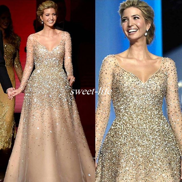 Ivanka Trump Inaugural Celebrity Dresses New Champagne Blingbling Beaded Princess Ball Gown Tulle Nude Fashion Evening Gowns Prom Dress