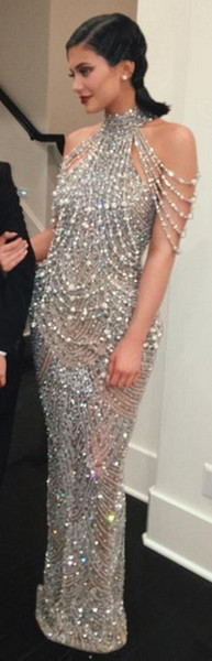 Celebrity Dresses 2016 Exquisite Pearls Sliver Evening Dresses Train Mideast Star Red Carpet Dress Sheath Floor Length
