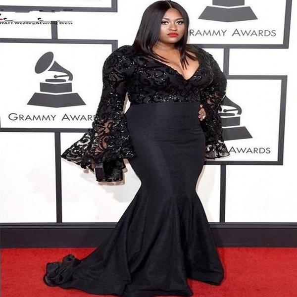 Grammy Awards Plus Size Celebrity Evening Dresses Long Sleeves Jazmine Sullivan Sequins Prom Dress Black Lace Mermaid Sexy Gowns