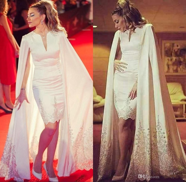 Charming Arabic Sheath Celebrity Evening Dress Wrap Appliques Sexy Short Knee Length Stain Beading Party Prom Gown