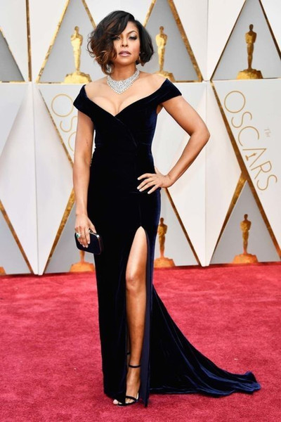 2017 Dark Navy Velvet Mermaid Celebrity Dresses Off the Shoulder Side Split Long Prom Dresses Party Gowns Taraji P. Henson 89th Oscars