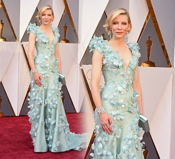 Cate Blanchett Oscar Celebrity Dresses 2016 High-End Handmade Flowers Decorated Red Carpet Gowns Sexy Deep V Neck Sheath Evening Dress