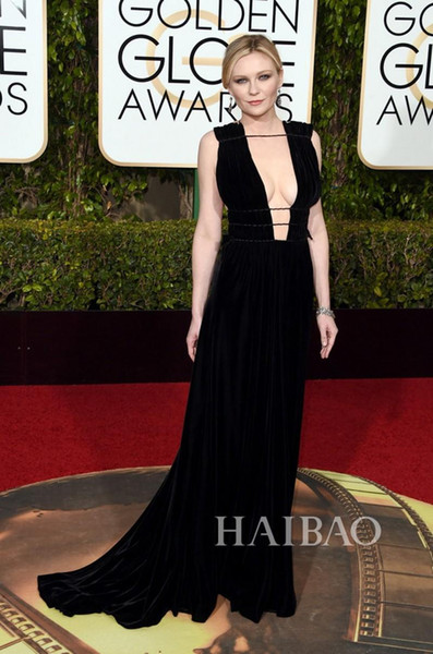 2016 73rd Golden Globe Awards Celebrity Dresses Kirsten Dunst Sexy Deep V Neck Backless Black Velvet Evening Gowns