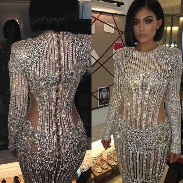 Custom Made Kendall Jenner Kylie Jenner Met Gala Red Carpet Fashion Celebrity Dresses Cutaway Illusion Beaded Evening Gowns