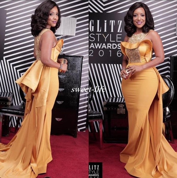 Sexy Mermaid Evening Dress Scoop Neck Crystal Beaded Satin Dusty Yellow Plus Size Celebrity Dresses African Women Formal Evening Gowns