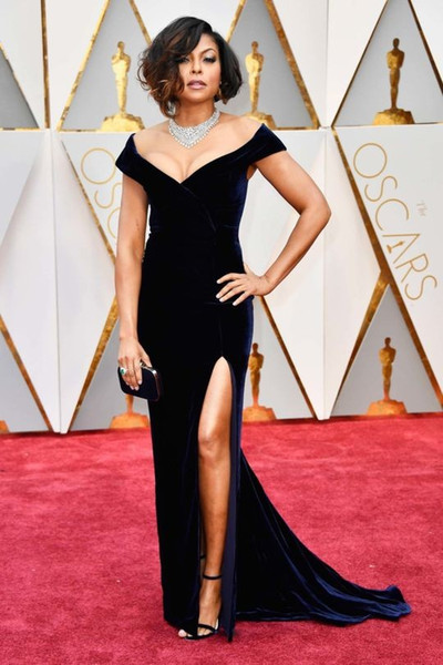 Velvet Taraji P. Henson 89th Oscars Mermaid Black Celebrity Evening Dresses Off-Shoulder High Split Long Dress for Prom Party Gowns