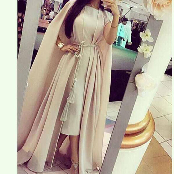 Myriam Fares Celebrity Dresses 2016 Two Piece Set Sheath Tea Length Chiffon Dress with Cape and Tassel Belt