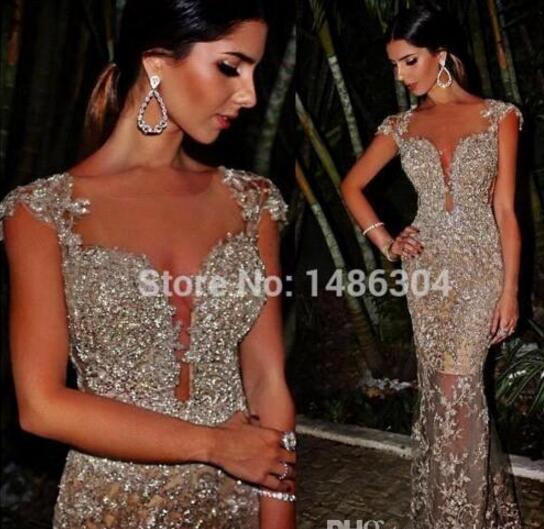 Gorgeous Mermaid Prom Gowns Sparkle Silver Beads Sequins Rhinestones Long Champagne Cheap Celebrity Dresses Custom Made Abendkleider