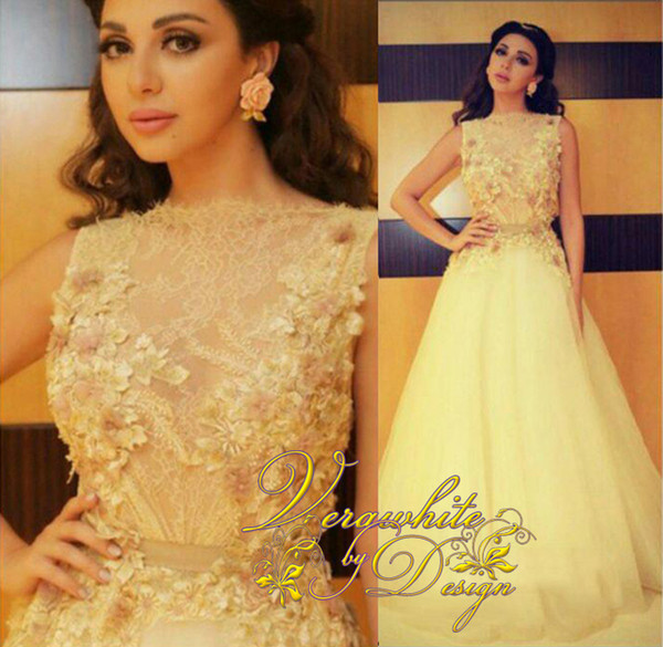 Mayiam Fares 2016 Sheer Yellow Lace A-Line Bateau Neckline Tulle Appliqued Celebrity Dresses with Sash Zipper Back Evening Gowns Custom
