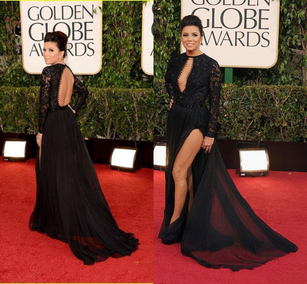 2015 72nd Golden Globe Sexy Black Prom Dress Long Sleeve Keyhole Side Split Chiffon Long Evening Dresses Dhyz 02