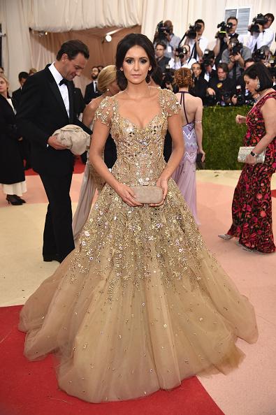 Nina Dobrev Met Gala Celebrity Dresses 2017 Gold Evening Dresses Short Sleeve See Through High Collar Celebrity Party Dresses
