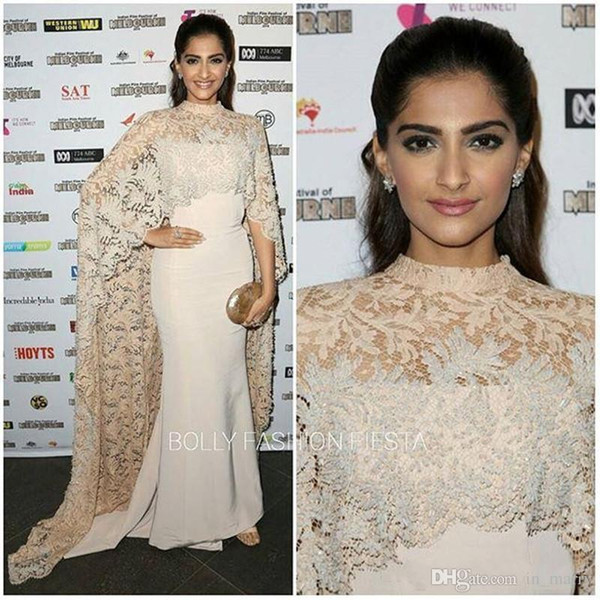Elegant Celebrity Red Carpet Dresses Lace Wraps High Sheer Neck Mermaid Party Evening Gowns