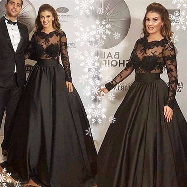 Glamorous Ilusion Black Arabic Celebrity Dresses with Long Sleeves Sexy Sheer Jewel Neck Lace Appliques Formal Evening Prom Gowns
