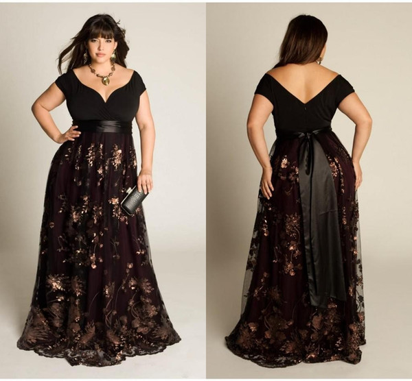 Plus Size Luxury Celebrity Prom Gown Capped Short Sleeve Floor Length Sexy Open Back Sequins Applique Sash Party Dresses For Women