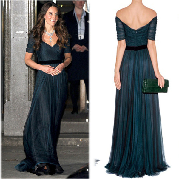 Kate Middleton A Line Celebrity Dresses Ink Blue Sweetheart Neckline off the shoulder ruched tulle Floor Length with Belt Jenny Packham