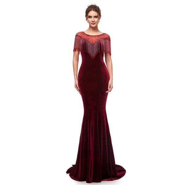 Sexy Velvet Mermaid Evening Dresses Jewel Neck Formal Party Dresses Zipper Burgundy Prom Dress Celebrity Gowns Custom Made In Stock