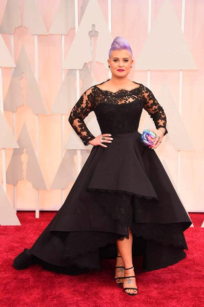 Oscar Kelly Osbourne Celebrity Dress Long Sleeve Black Lace Applique High Low Red Carpet Evening Dresses A line Prom Dress