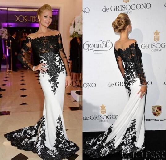 Byparis Hilton De Grisogono Fatale Long Sleeve Evening Dresses in Cannes France May Off Shoulder Black White Celebrity Red Carpet Dresses