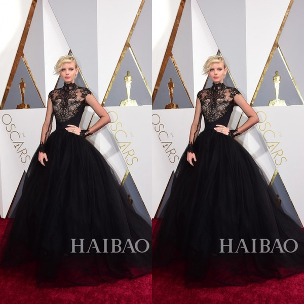 2016 88th Oscar Black Lace Dorith Mous Celebrity Evening Dresses High Neck Long Sleeves Sweep Train Special Occasion Ball Gowns Prom Pageant
