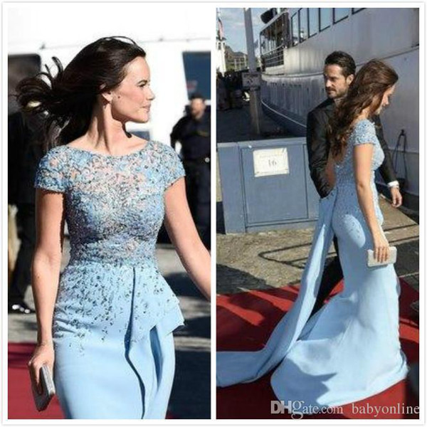 2016 New Fashion Zuhair Murad Celebrity Evening Dresses Sheath Sequins Beaded Cap Sleeves Prom Gowns Arabic Sheer Lace Top Split Party Gowns