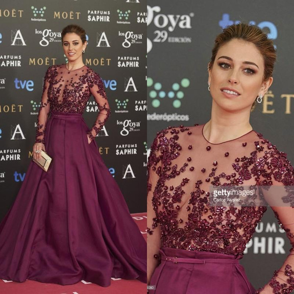Blanca Suarez celebrity red carpet dress sheer jewel neck ball gown long sleeves pearls applique runway evening dresses prom gowns BO7945
