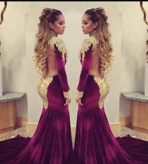 Stunning Burgundy Velvet Mermaid Evening Celebrity Red Carpet Dresses 2017 with Golden Lace Sequins Applique High Neck Backless Formal Gowns