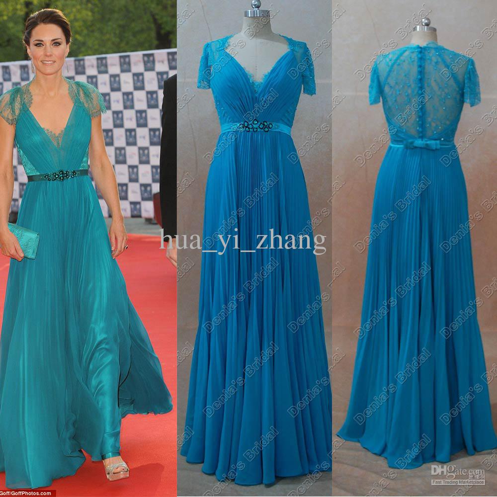 Celebrity Dresses Kate Middleton Blue Green Color Real Actual Images A Line V Neck Cap Sleeves Sheer Lace Beaded Ribbon Kate Dresses