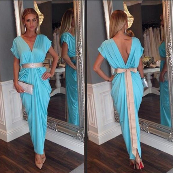 New Arabic Kaftan Backless Evening Prom Dresses Arabic Abaya Dubai Long Sexy V-Neck Evening Dresses With Short Sleeves Celebrity Dresses