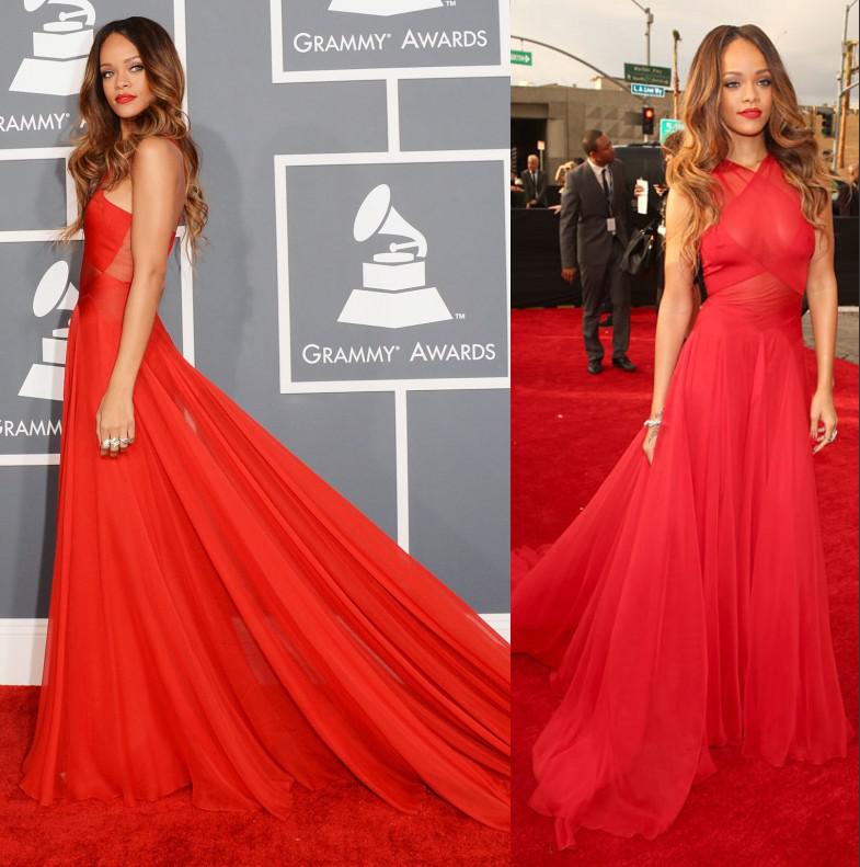 2014 Hot Celebrity Dresses With Criss Cross Neckline Backless A Line Chapel Train Evening Prom Party Gowns On 55th Grammy Rihanna Red Carpet