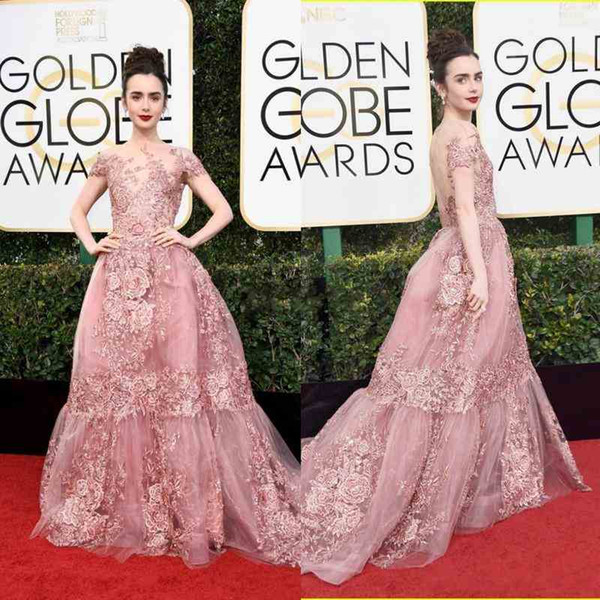 Gold Pink Sweety Sweep Train Backless 2017 Celebrity Dresses Jewel Illusion Empire Tulle Tiered Skirts Hand Made Flowers dress evening wear