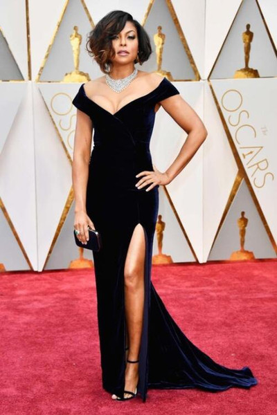 2017 Velvet Taraji P. Henson 89th Oscars Mermaid Black Celebrity Evening Dresses Off-Shoulder High Split Long Dress for Prom Party Gowns