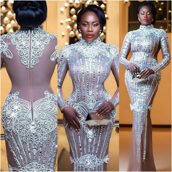 Nana Akua Addo Glitz Style Awards Crysatal Celebrity Dresses 2017 Evening Dresses Long Sleeve High Collar Celebrity Party Dresses Red Carpet
