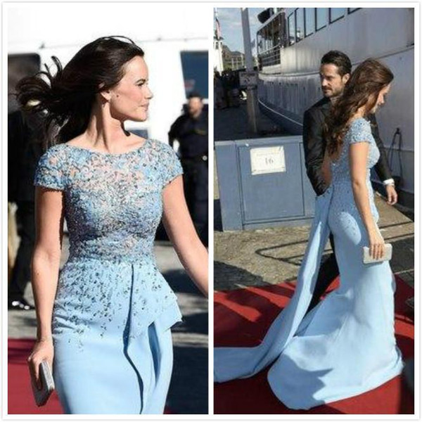 New Fashion Zuhair Murad Celebrity Evening Dresses Sheath Sequins Beaded Cap Sleeves Prom Gowns Arabic Sheer Lace Top Split Party Gowns