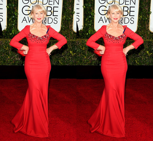 72nd Golden Globe Helen Mirren Long Sleeve Red Elegant Mermaid Bead Satin Evening Prom Party Celebrity Dresses