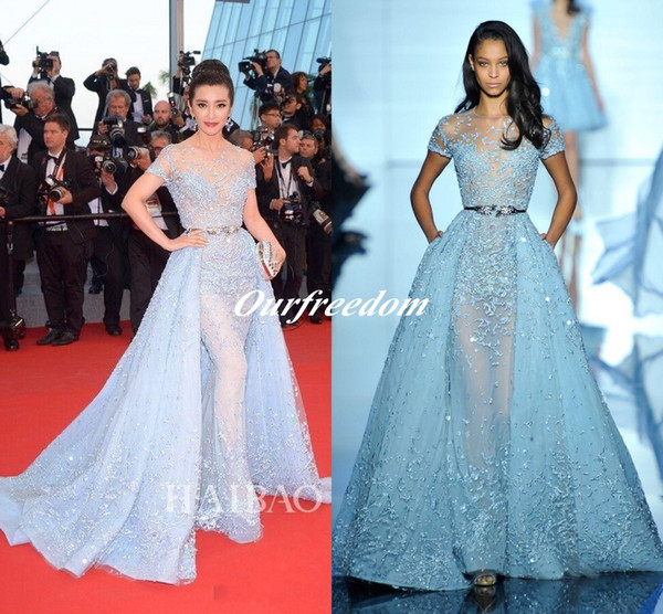 Light Sky Blue Sexy Zuhair Murad Overskirts Evening Dresses Sheer Neck Jewel Applique Beads Lace Poet Short Sleeves Celebrity Gowns