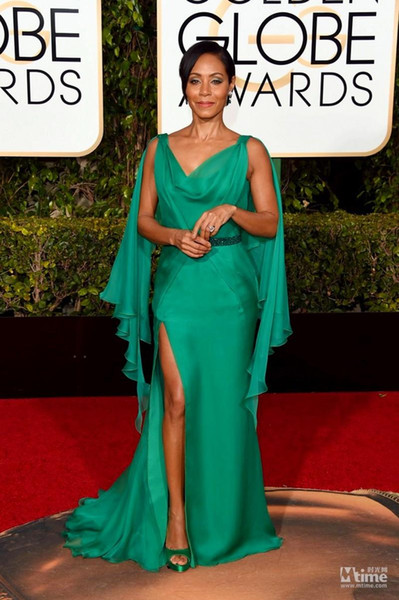2016 73rd Golden Globe Awards Celebrity Dresses Sexy Green Chiffon Side Split Floor Length Evening Gowns