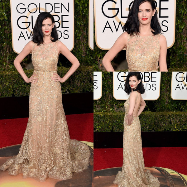 Eva Green 2016 73rd Golden Globe Awards Red Carpet Celebrity Dresses Sheer Crew Neck Full Beaded Floor Length Backless Lace Evening Gowns