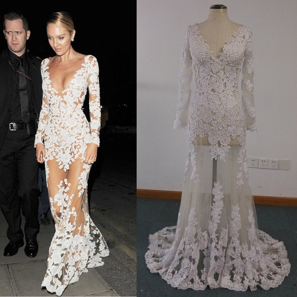 Celebrity Dresses Real Images Sheer candice swanepoel Ivory Lace Appliques over Illusion Nude Tulle Long Sleeve Evening Gowns