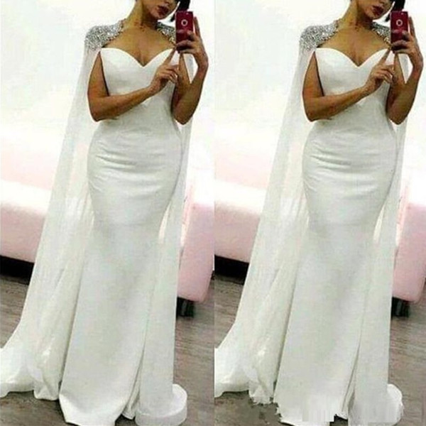 New Arabic White Capped Satin Mermaid Long Evening Dresses Applique Beaded Formal Celebrity Dresses Prom Dresses Vestidos De Fiesta