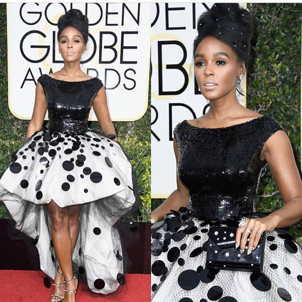 Sexy Janelle Monae Celebrity Party Dresses Ball Gown Black and White Sequins Handmade Flowers Tulle 2017 New Golden Globe Prom Evening Gowns