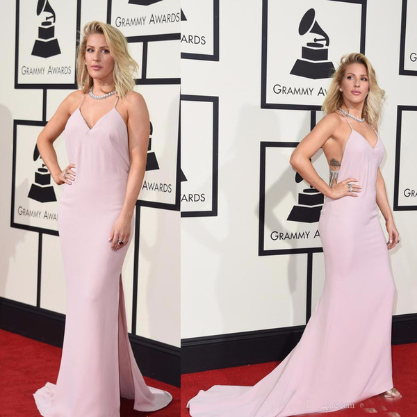 2016 Ellie Goulding Grammy Awards Celebrity Dresses Sexy Split Side Halter Red Carpet Gown Satin Sweep Train Special Occasion Dress