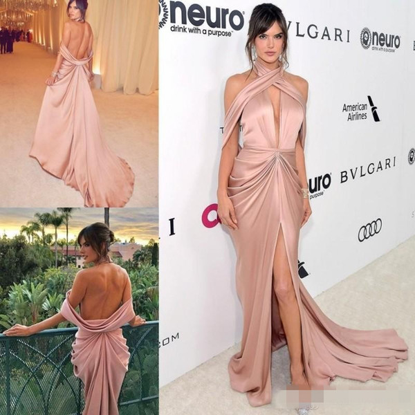 Sexy Split 2017 Mermaid Evening Dresses Halter Neck Satin Formal Party Dresses Backless Red Carpet Prom Dress Celebrity Gowns Custom Made
